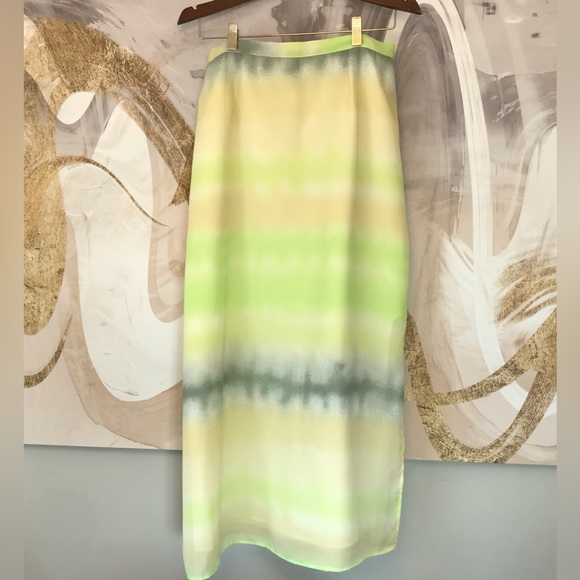 PERSONI | Y2K MIDI Skirt w/ Tie Dye Watercolour Print in Green & Yellow Size L - Picture 1 of 16